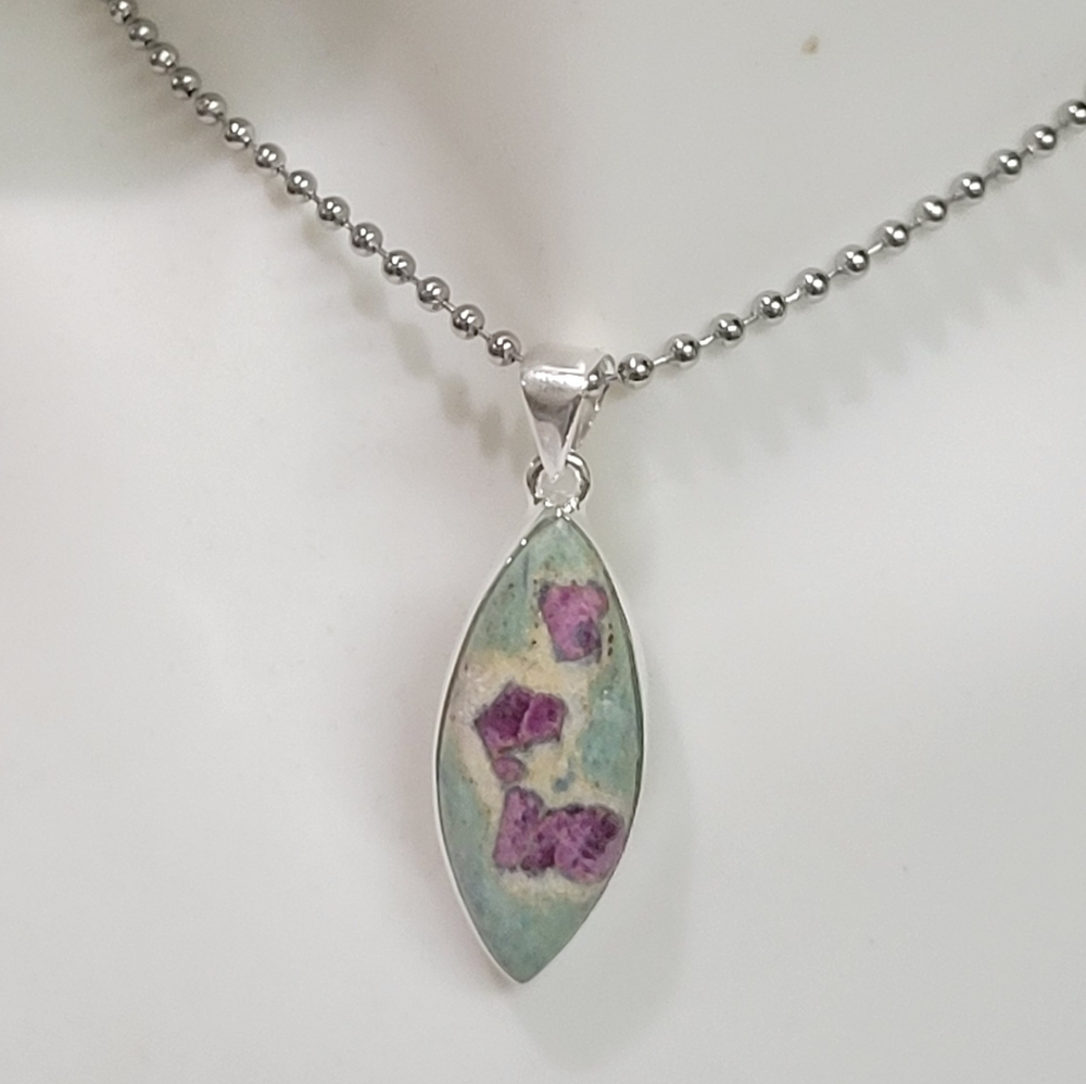 Natural Ruby In Fuchsite 925 Sterling Silver Pendant +stainless steel ball chain